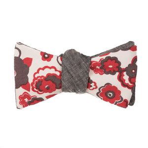 red and gray large floral on cream background with gray linen reversible bow tie 