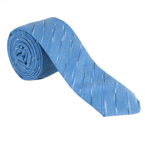 royal blue necktie with thin black and white stripe pattern